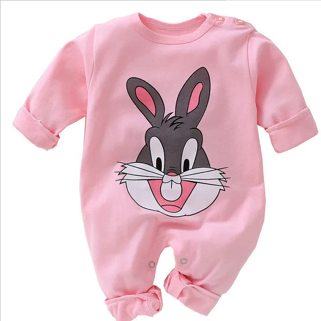 Pink Rabbit Детские цельнокроеные комбинезоны для новорожденных мальчиков и девочек, одежда для малышей осенне-Весенняя хлопковая одежда с длинными рукавами и героями мультфильмов на возраст от 0 до 24 месяцев - Цвет: Pink Rabbit