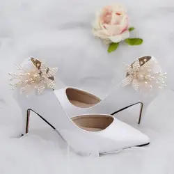 Роскошные свадебные туфли ручной работы с жемчужинами; свадебные туфли на высоком каблуке с украшением в виде цветов; очаровательные