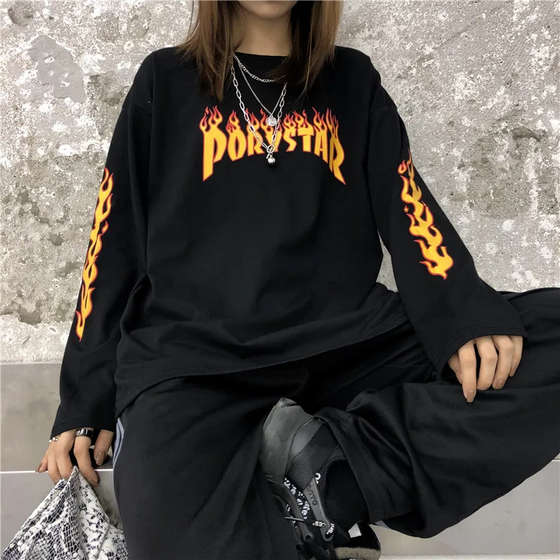 Harajuku bf Осенняя рубашка с круглым вырезом и надписью в уличном стиле, с длинным рукавом, женская Свободная рубашка ins, женская одежда, футболки, модные женские топы