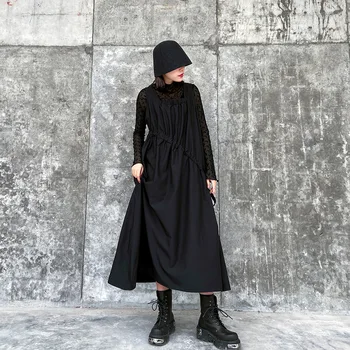 

Women Sleeveless Black Vest Dress Plus Size Drawstring Design Loose Casual Long Dresses Female Streetwear Gothic Tank Dress