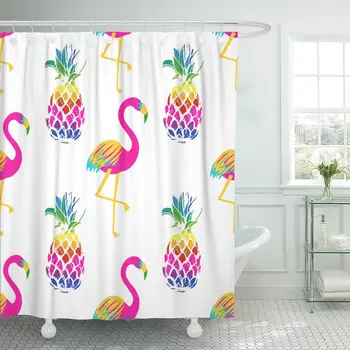 

Yellow Vivid Exotic Bright Flamingo Birds and Pineapples Shower Curtain Waterproof 60 x 72 Inches Set with Hooks