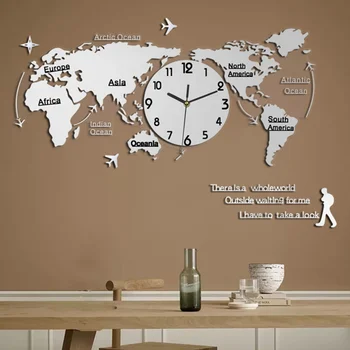 

1pc Acrylic Silent Wall Clock World Map Wall Clock Mute Wall Lamp without Battery for Home Office Living Room (60cm White)