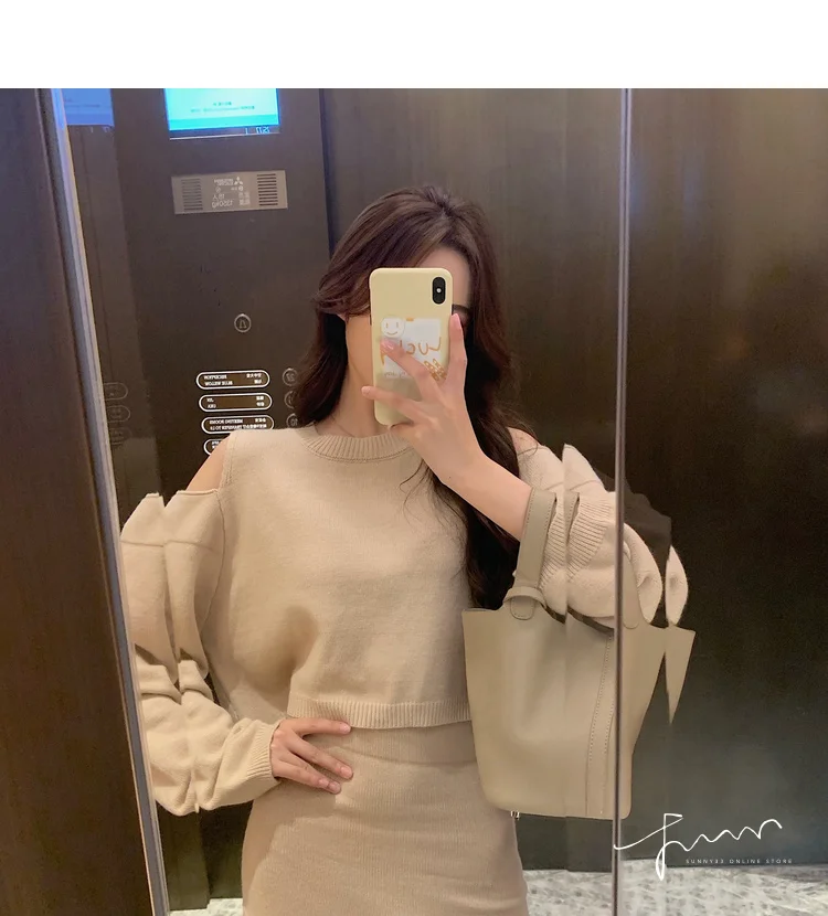 Autumn Elegant Ladies Women Fashion Loose Sexy Hollow Out Off Shoulder Pullovers Sweater+Mini mermaid Skirt Suits