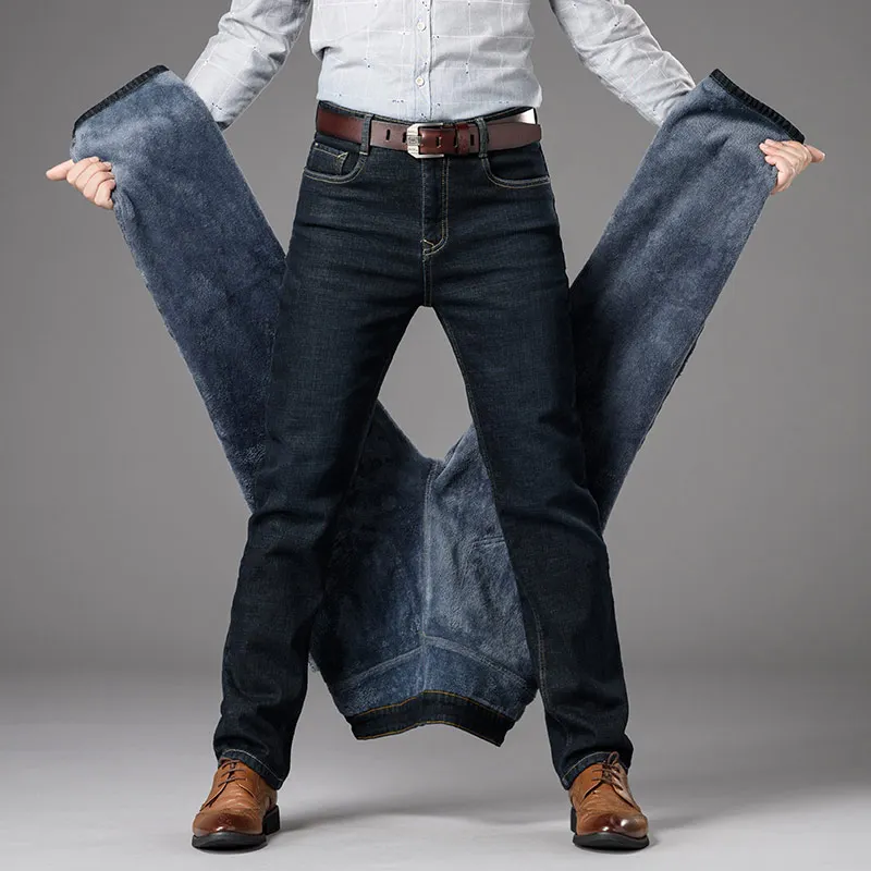 Blog Men's Casual Trend Large Size Plus Velvet Jeans Winter Thick Warm Straight Slim Man Fashion Washed Plus Velvet Jeans bouncy Blue