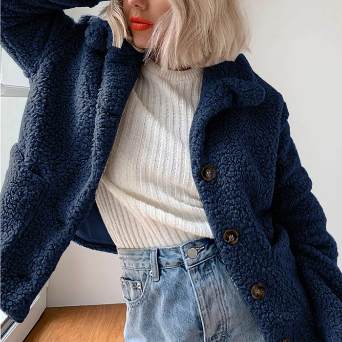 Chaquetas mujer, новинка, Женский флисовый кардиган, теплая куртка, куртка женская, топ с отворотом, длинный рукав, одноцветная куртка на пуговицах