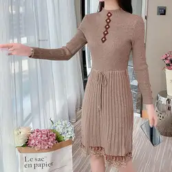 Outono gola de tricô vestidos de algodão sólido cintura alta manga longa renda feminina casual vestido apertado