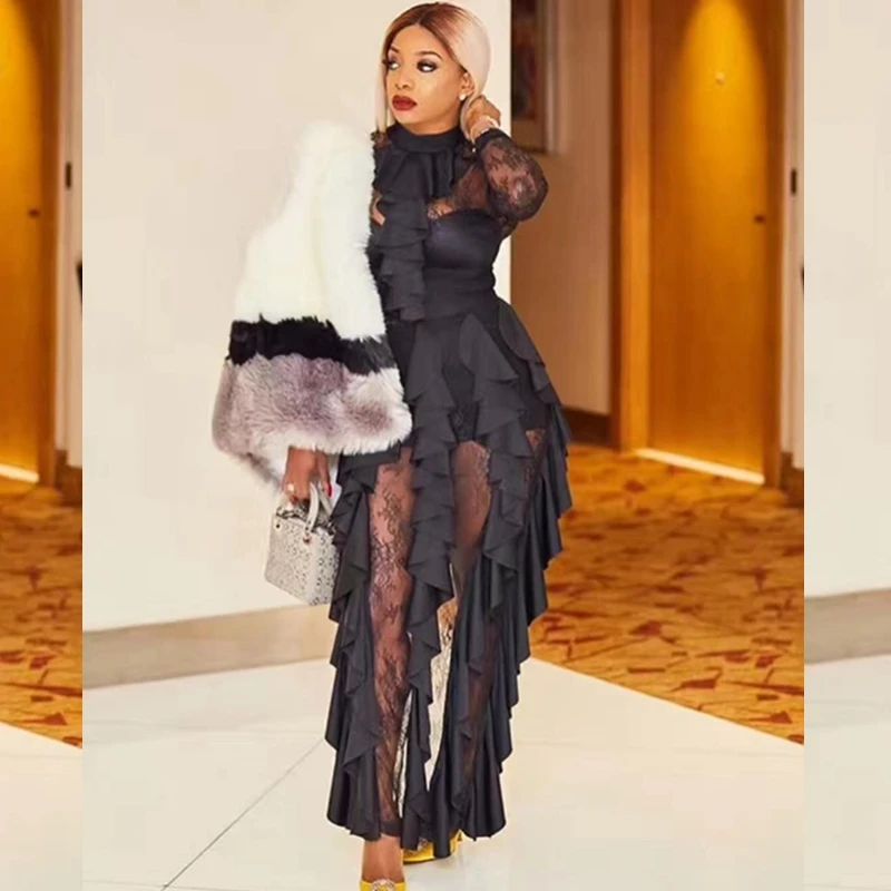 Fashion Black Long Sexy Celebrity Long Sleeve Bodycon Casual Women New Mesh Dress Hollow Out Elegant Chic Autumn Club Festa