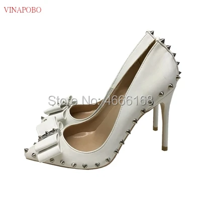 black rivet bow-knot high heels patent PU leather high heel women's shoes 10cm 12cm wedding shoes woman Party shoes bridal shoe
