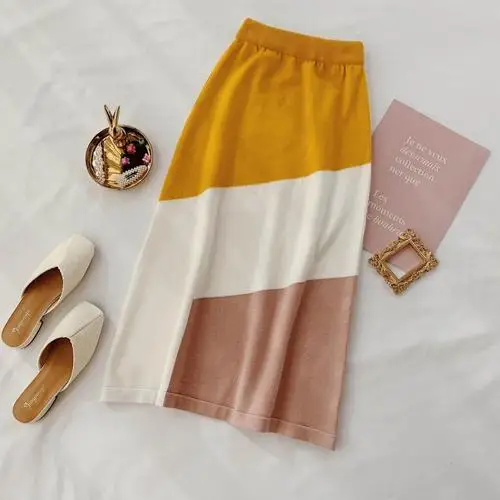 Korobov Skirts Women Autumn Winter New Striped Patchwork Skirt Korean Hit Color A-Line High Waist Knitted Falda Femme 78826 - Цвет: yellow