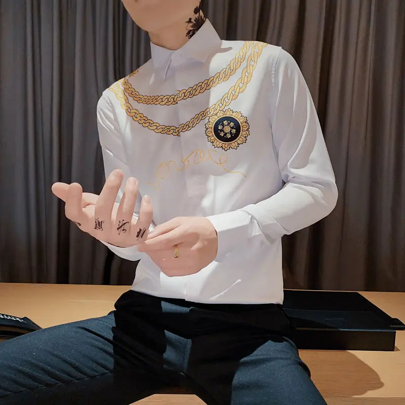 Gold Print Luxury Men Shirt Casual Slim Fit Long Sleeve Male Dress Shirts Club Work Vintage Tuxedo Shirt Camisa Social Masculina