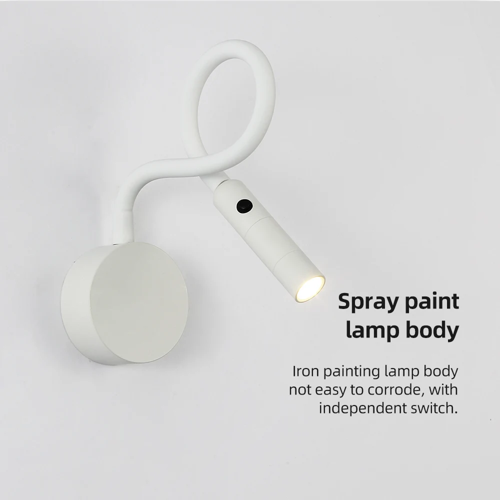 Modern Minimalist Bedside Reading Lamp LED Flexible Wall Night Sconces for Bedroom Study Hose Mounted Switch Rotatable Lighting