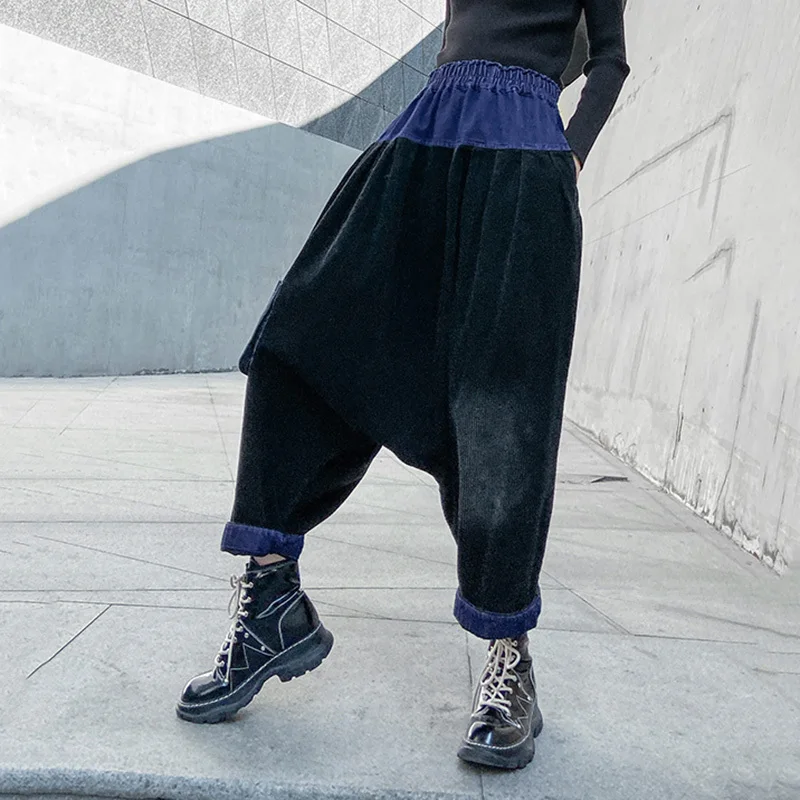 [EAM] черные вельветовые широкие брюки с высокой эластичной талией большого размера, новые свободные брюки, женские модные весенне-осенние 1M651