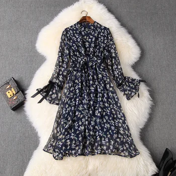 

New 2020 spring summer women floral dress flare sleeve bow tie waist a-line knee length elegant chiffon dresses blue