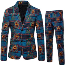 Men New Fashion National Shtyle Print Blazer and Pants Two Pieces Set Men Blazers African Suit Jacket Festive African Style