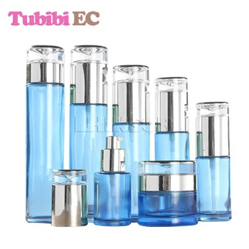 

5pcs/lot High-Grade Blue Transparent Glass Silver Lid Spray Lotion Press Pump Bottles Cream Jar Cosmetic Packaging Containers