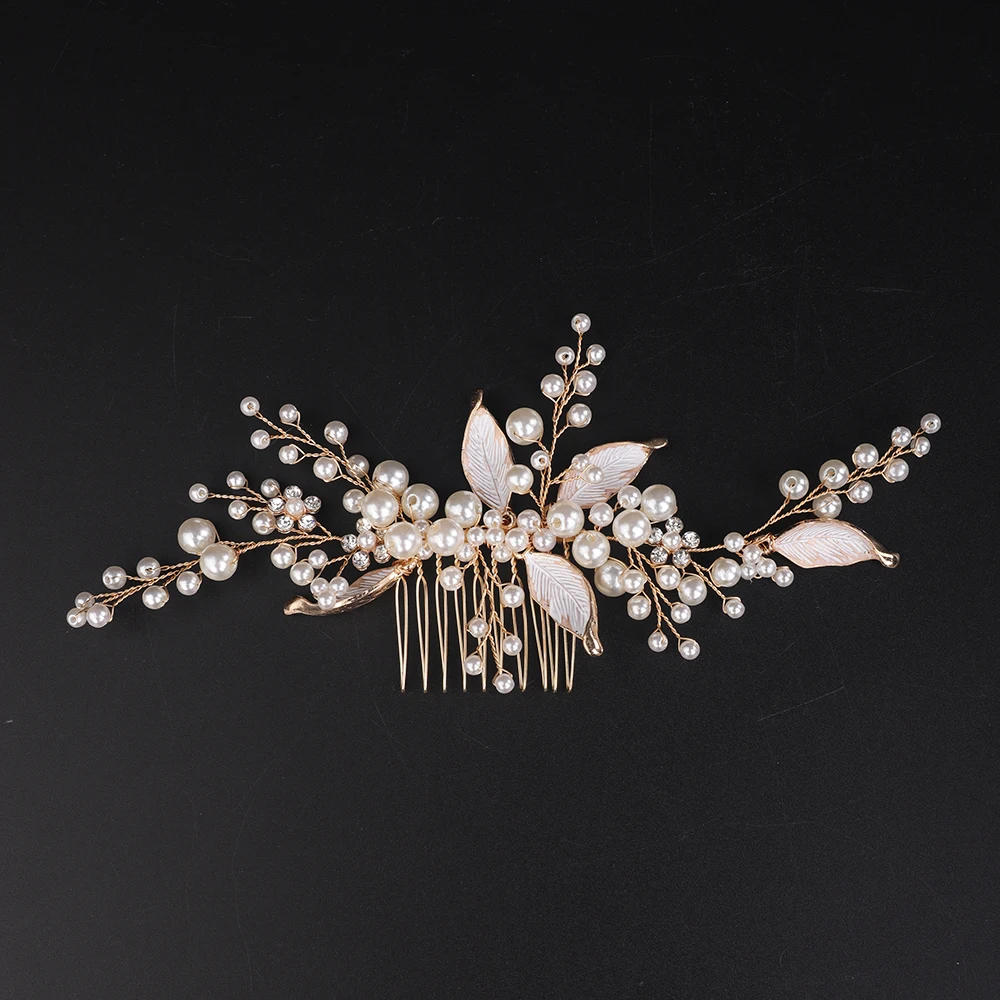 Gold Bride Headdress Elegant Women Hair Jewelry for Party Tiaras Banquet Leaves Pearls Wedding Hair Comb Accessories