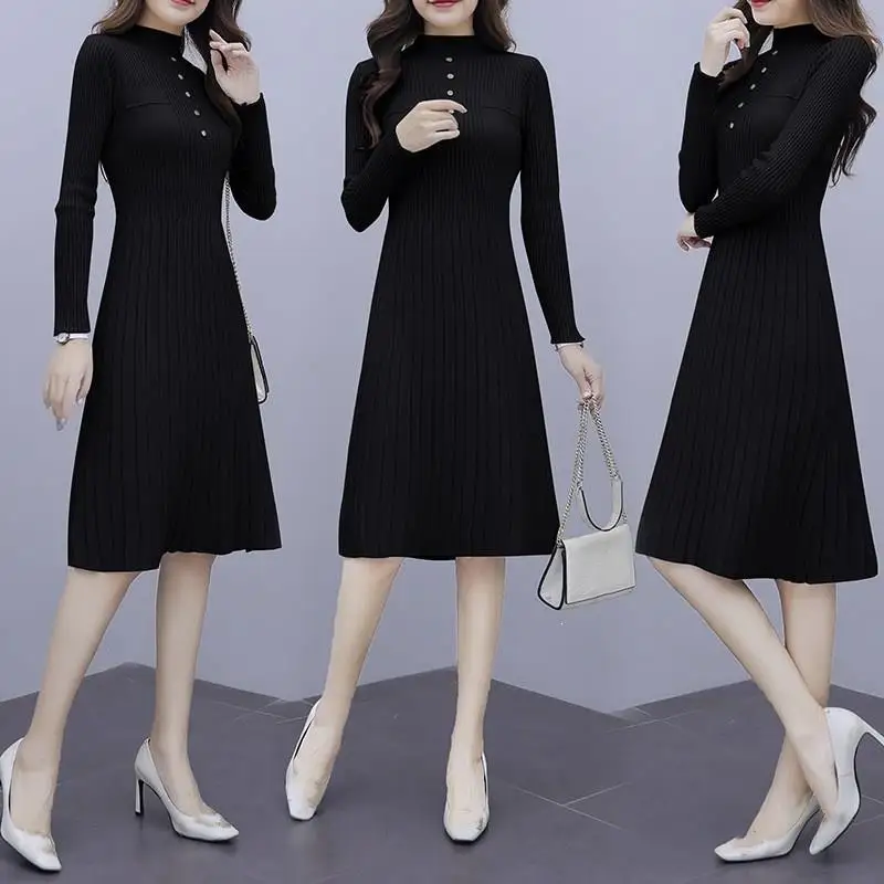 

Elegant Long Sleeve Turtleneck Ol Sweater Dress Solid Women Thick Knit Autumn Winter Dress Female Slim A-Line Dress