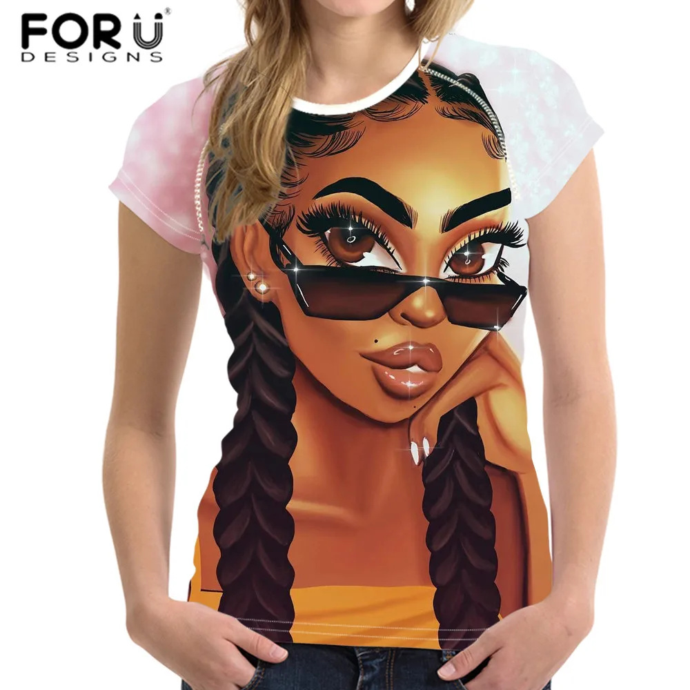 Online FORUDESIGNS Frauen T shirts für Sommer Kurzarm Shirt Damen Schwarz Kunst Afrikanische Mädchen Druck T Shirt Frauen Tops Tees