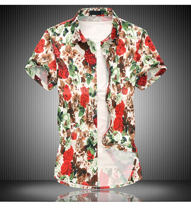 7025 RED Новинка, летние мужские пляжные шелковые рубашки с коротким рукавом, повседневные рубашки с цветочным принтом размера плюс M-3XL 5XL 6XL 7XL, модная мужская одежда - Цвет: 7025 RED