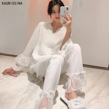 

Cotton Pajamas Long Sleeve Sleepwear Women Pajamas Spring Autumn Sweet Princess Sleewpear Korean Style Lace Home Pajama Suit