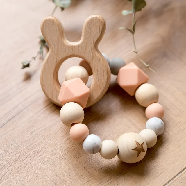 1PC  Silicone Beads Teether  Wooden Beads  Bracelet Nursing Teething Toys BPA Free Beech Wooden Star Bracelet DIY Baby Teether 2
