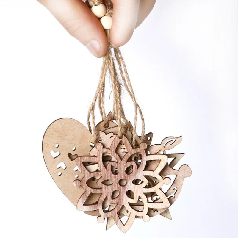 6Pcs/Set Wooden Christmas Decorative Pendants Hanging Ornaments With Hanging Rope Heart, Snowflake, Star, Angel, Tree, Horse