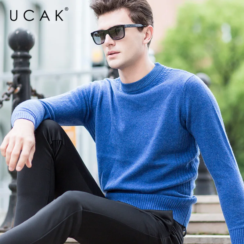 70% OFF UCAK Brand Pure Merino Wool Sweater Men O-Neck Solid Contracted Warm Autumn Winter New Fashion Trend Pull Homme Sweaters U3140