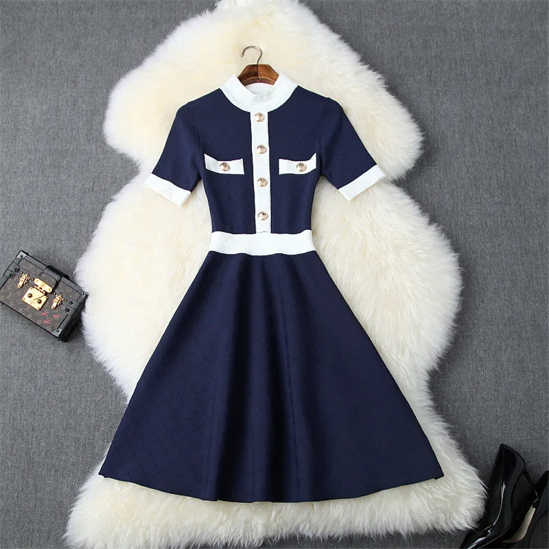 Autumn Winter Dress Women Runway Designer High Quality Elegant Buttons Short Sleeve Patchwork Sweater Dress A-line Mini Dress