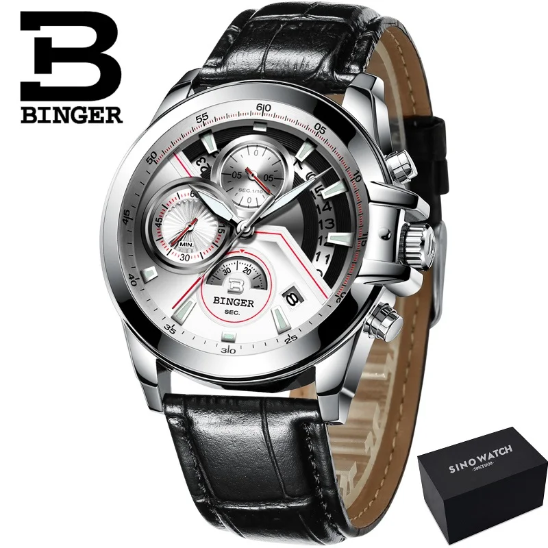 BINGER роскошные часы с автоматической датой, мужские водонепроницаемые стальные мужские часы, модные модельные деловые дизайнерские кварцевые часы с кожаным победителем - Цвет: LBWR--Gift box