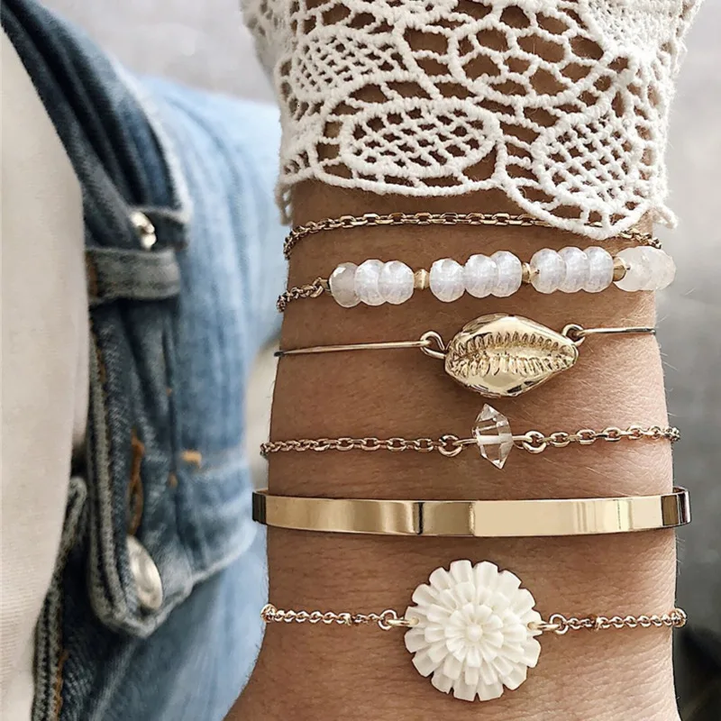 В богемном стиле с цветочным узором и стразами в виде кристаллов Браслеты& браслеты для Для женщин Мода Панк золото в виде ракушки браслеты для женщин Новое богемное Bijoux(украшения своими руками) 6 шт./компл
