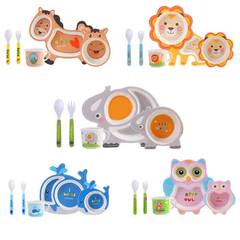 

5Pcs/set Children Tableware Set Eco-friendly Bamboo Fiber Baby Plate Dishes Dinnerware Creative Feeding Bowl Separation Plate