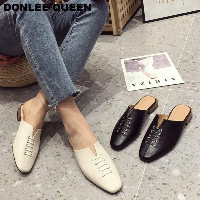 Women Soft Slippers 2020 New Arrival Fashion Brand Mules Square Toe Lace UP Ladies Slides Low Heel Korean Shoes zapatos de mujer | Обувь