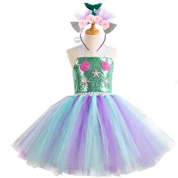 

2020 New Brand Spring Mermaid Sequined Girl Tutu Dress Kids Mermaid Cosplay Dresses with Headband Cartoon Starfish Baby Clothes