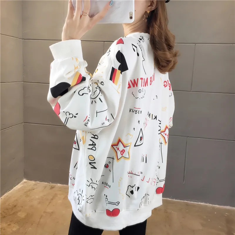 Women Autumn Graffiti Oversized Fashion Girls Loose Fit Long Coat Korean Kawaii Tops Hoodies Sweatshirts Women's Clothes