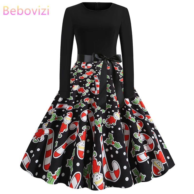

Bebovizi New 2019 Winter Christmas Dress Long Sleeve Black Print Bandage Dresses Elegant Vintage Casual Party Plus Size Women