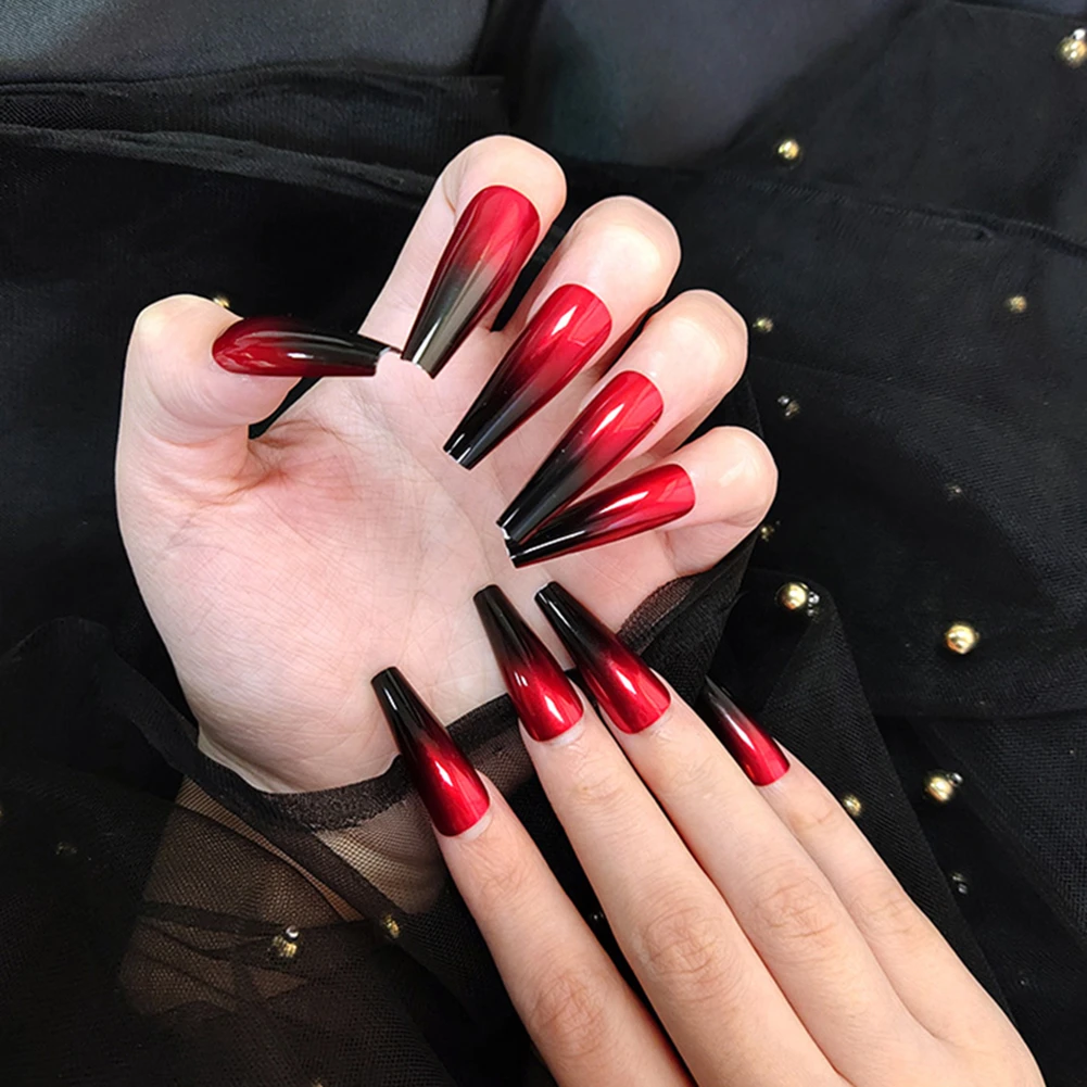 Ongles Rouge Et Noir Dégradé Faux Ongles En Dégradé Rouge Et Noir, Photothérapie Européenne, Longs Faux- ongles En Cercueil, Manucure De Ballet, Armure Très Longue - Faux Ongles -  AliExpress