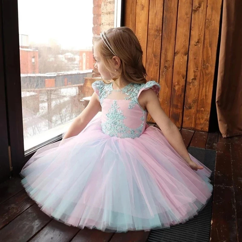 

Pink Mint Aline Princess Flower Girl Dresses Knee Length Birthday Pageant Communion Robe De Demoiselle Bridal Kids Wedding Party