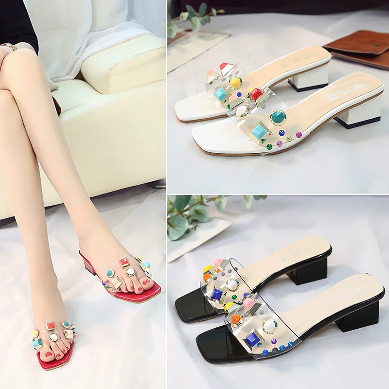 

2019 Summer New Style Sandals Women's Color Rivet Chunky-Heel Transparent Women's Fashion Outer Wear Slip-on Shoes