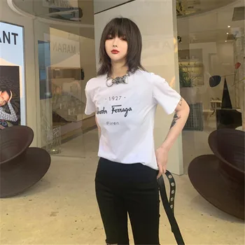

Real shot 2020 summer new Korean casual letter printing loose short-sleeved T-shirt women's wild vacation base T-shirt