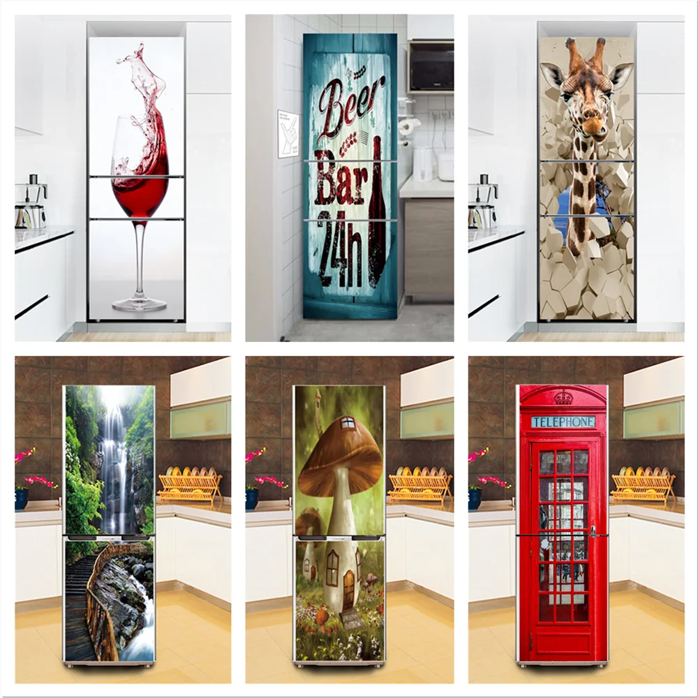 Kitchen Sticker On The Fridge Stickers Wine 3D Refrigerator Wallpaper Beer Freezer Vinyl Film Door Cover Decor Decal Mural Art | Дом и сад