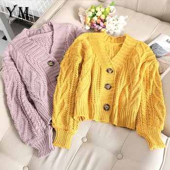 

YuooMuoo Chic Women Cropped Cardigan Sweater Fall 2019 Knitwear Short Cardigan Girl Long Sleeve Twist Crochet Top Pull Femme
