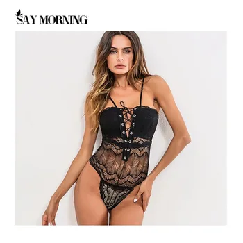

SAY MORNING High Quality Fashion V-neck Cross-Tie One Piece Women Intimates Sexy Lingerie Lace Hollow Out Jumpsuit