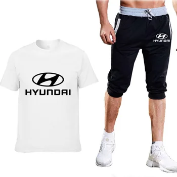 

Summer Men's T-Shirt for Hyundai Car Logo Cotton Mens Short Sleeve Fashion casual Solid color Crew neck T-Shirt+Pants Suit 2Pcs