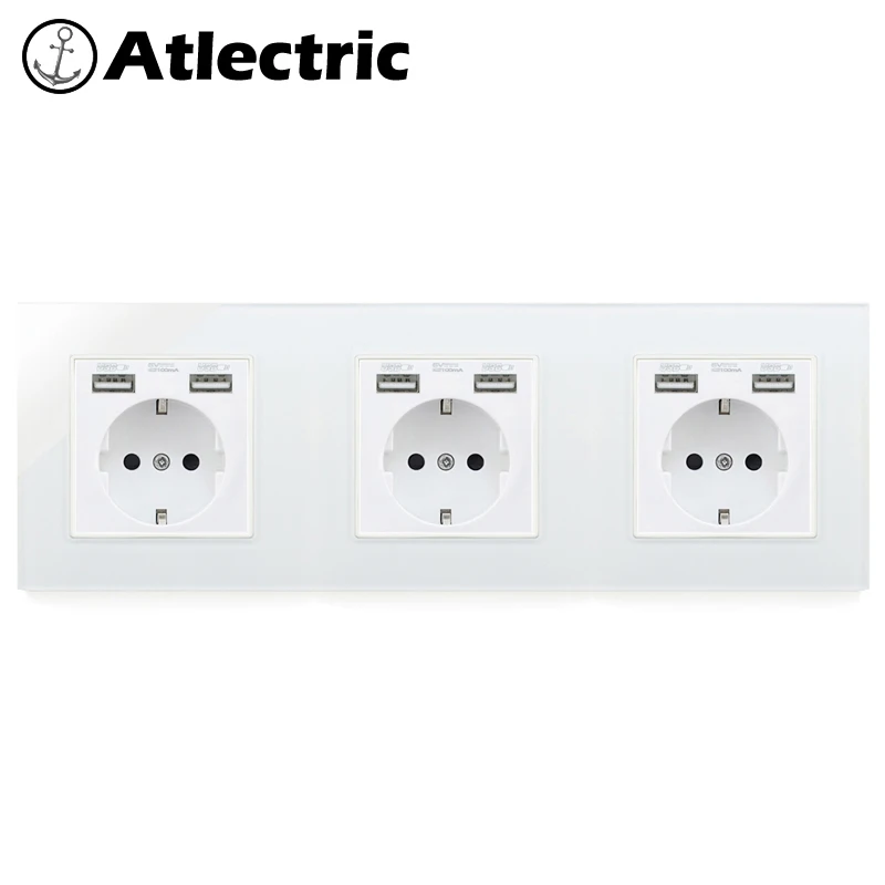 Atlectric EU Standard Plug Socket Dual USB Port Wall Power Socket Glass Panel Double Triple Quadruple Socket Electrical Outlet