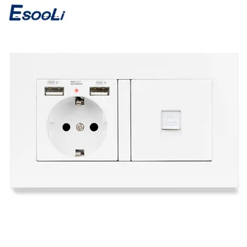 

ESOOLI PC Plastic Panel EU Standard Socket with 2 USB Charge Port +1 Gang RJ11 2 Core Telephone Connector Outlet with USB