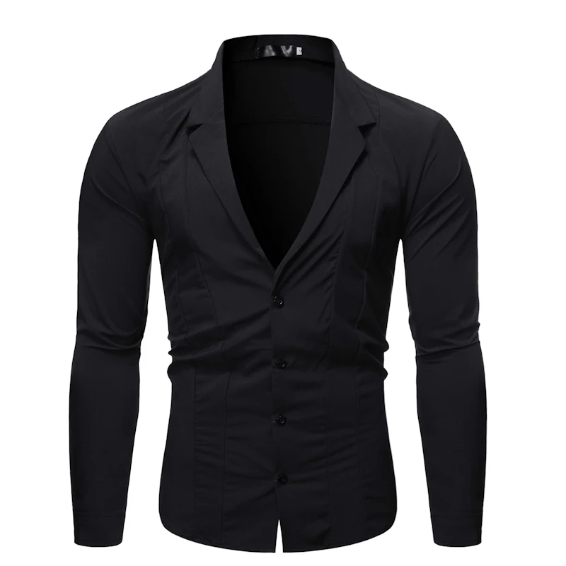 

Men's Button Down V Neck Tops Long Sleeve Lapel Collar Blouse Formal Blazer Coat