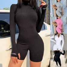 

2021NEW Turtleneck Knit Rib Bodycon Fitness Playsuit Sportswear Long Sleeve Zipper Body Embroidery Lucky Rompers Womens Jumpsuit