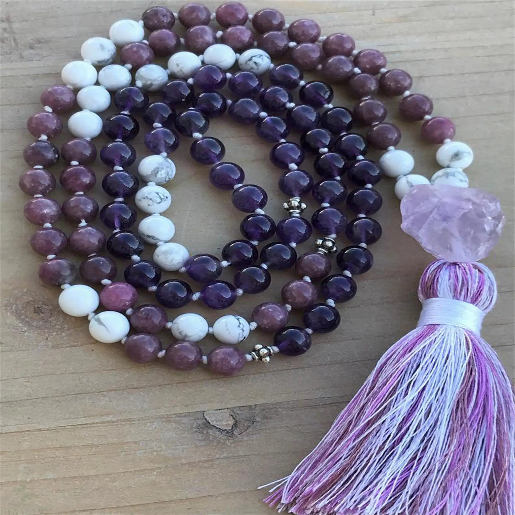 

8mm Howlite Amethyst Gemstone 108 Beads Mala Tassel Necklace Classic Lucky Chakra Reiki Healing Cuff Elegant Wristband Wrist