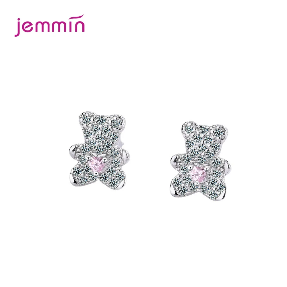 

Hot Sale 100% 925 Sterling Silver Fashion Cute Bears Pattern Sparkling Pink Crystal Stud Earrings For Women Fine Jewelry