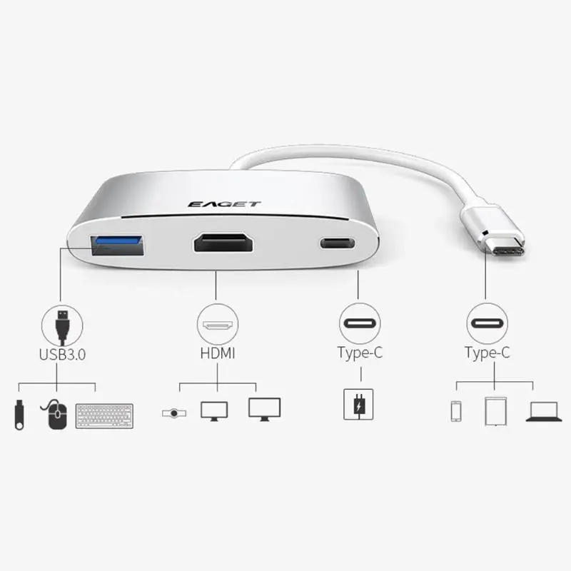 EAGET CH13 usb type C Узловая Док-Станция HDMI+ USB3.0+ PD Тип C HD видео адаптер сплиттер для компьютера
